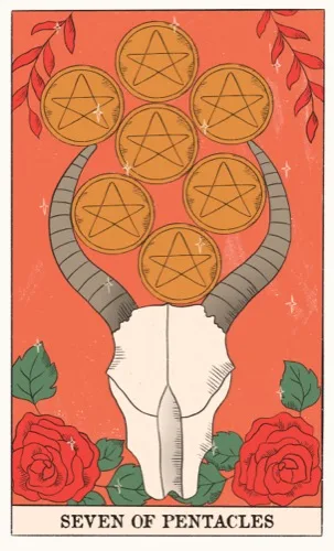 Seven of Pentacles tarot card (Rider–Waite–Smith)
